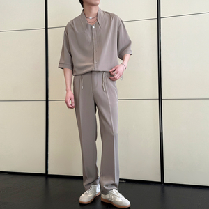 2025夏季新款男士短袖衬衫潮流痞帅冰丝直筒裤套装A202TZ615P120图片