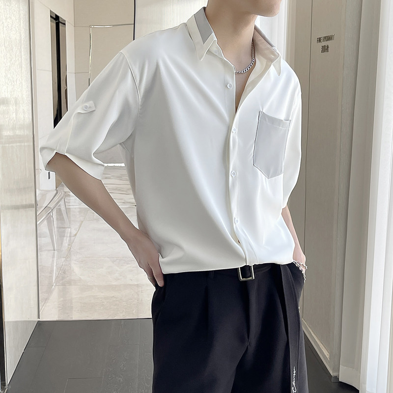 夏季新款拼接撞色男士短袖宽松衬衫潮垂坠感衬衣A202CS028P55,男装T恤,星座1311（原A202）