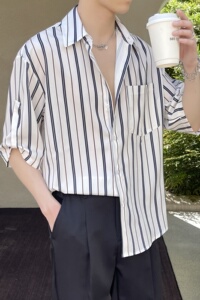 2025夏季男条纹短袖衬衫冰丝垂感轻熟风衬衣抖音A202CS918P55图片