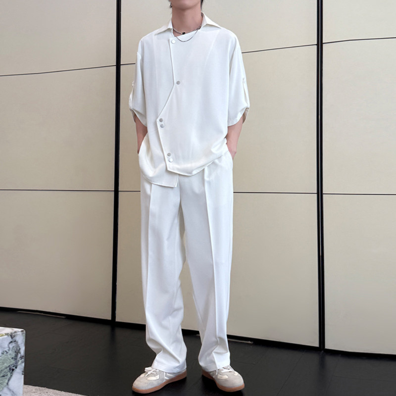 男士不规则冰丝宽松短袖衬衫套装垂感直筒休闲长裤A202TZ919P130,男装衬衫,星座1311（原A202）
