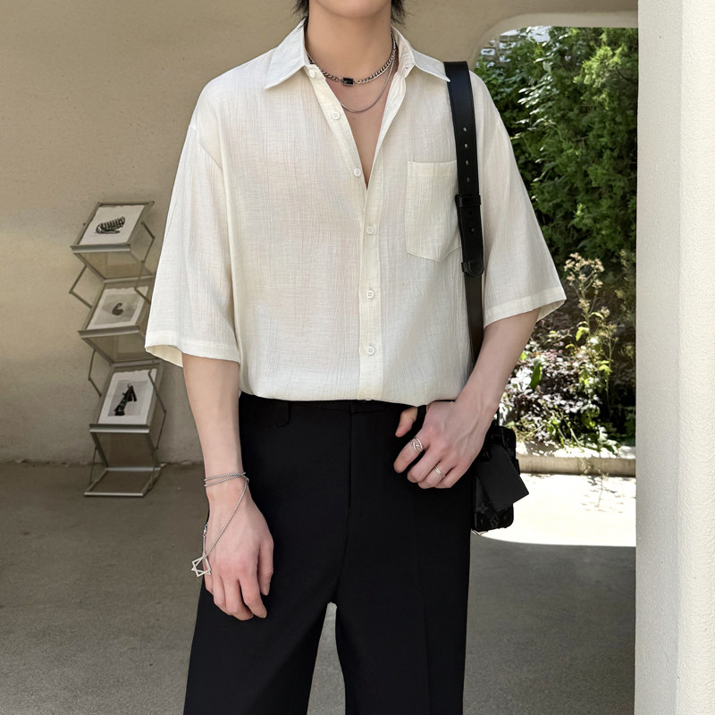 轻奢高级感短袖衬衫男士夏宽松亚麻透气五分袖衬衣1311CS3919P58，男装T恤，星座1311（原A202）