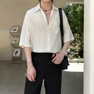 轻奢高级感短袖衬衫男士夏宽松亚麻透气五分袖衬衣 1311CS3919P58，男装T恤，星座1311（原A202）