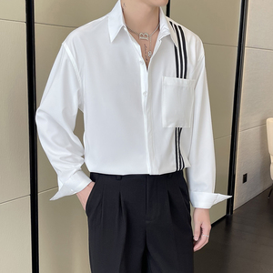 2025春夏高级感男英伦简约条纹宽松落肩长袖衬衫潮A202CS356P65图片