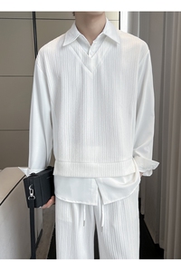 2025秋冬新款男拼接假两件套头长袖衬衫落肩宽松衬衣A202CS953P65图片