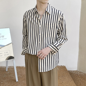 2025春夏新款男士韩版百搭简约落肩宽松条纹长袖衬衫A202CS308P65图片