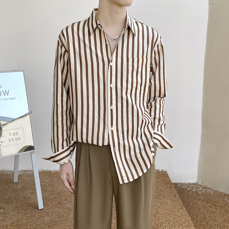 2025春夏新款男士韩版简约落肩宽松条纹长袖衬衫潮 A202CS308P65图片