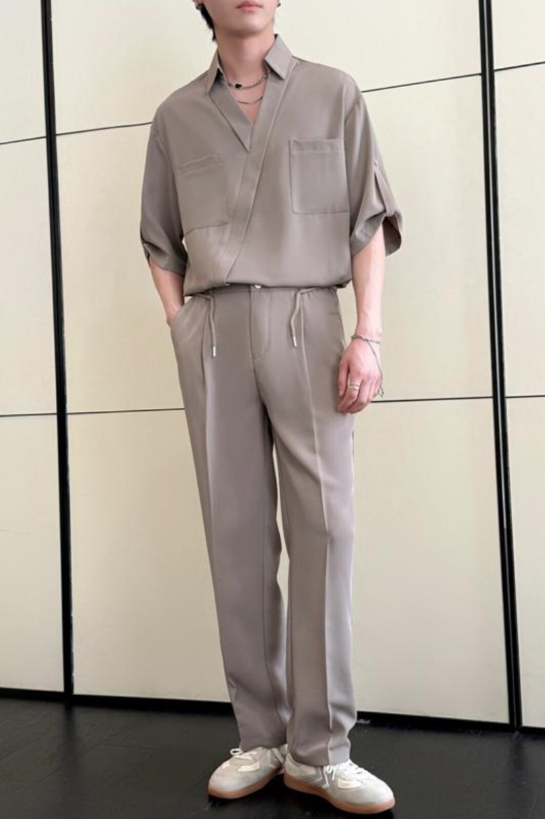 2025夏冰丝落肩短袖衬衫套装直筒休闲裤时尚两件套A202TZ128P120,男装休闲裤,星座1311（原A202）