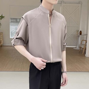 2025男士立领风简约高级感长袖飘带冰丝垂坠衬衫 A202CS518P65图片