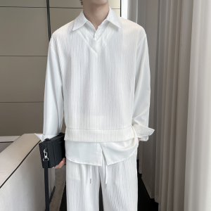 2025秋冬新款拼接假两件套头长袖衬衫落肩宽松男衬衣A202CS953P65图片