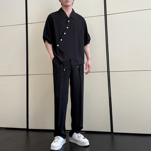 男夏季新款新中式冰丝短袖衬衫套装直筒宽松休闲裤A202TZ519P125图片