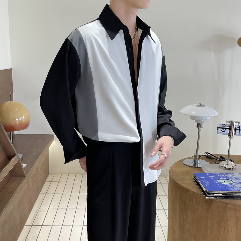 2025春夏新款轻熟风拼接撞色落肩长袖衬衫潮A202CS228P60控89,男装衬衫,星座1311（原A202）