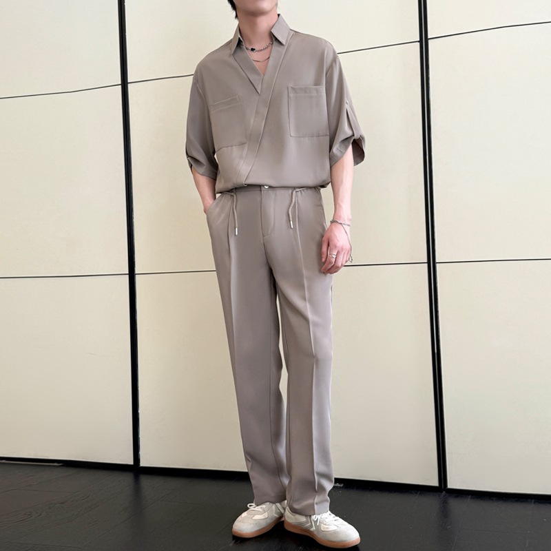 2025夏冰丝落肩短袖衬衫时尚套装直筒休闲裤两件套A202TZ128P120，男装休闲裤，星座1311（原A202）