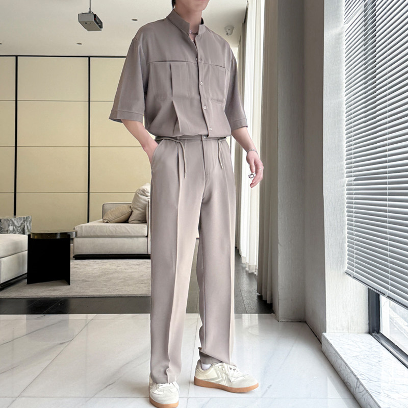 新款男冰丝时尚短袖衬衫套装宽松直筒休闲裤两件套A202TZ1319P120,男装休闲裤,星座1311（原A202）