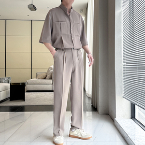 新款男冰丝时尚短袖衬衫套装宽松直筒休闲裤两件套A202TZ1319P120图片