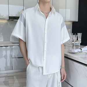 2025夏新款拼色轻奢潮宽松短袖衬衫冰丝垂坠感上衣A202CS030P55图片