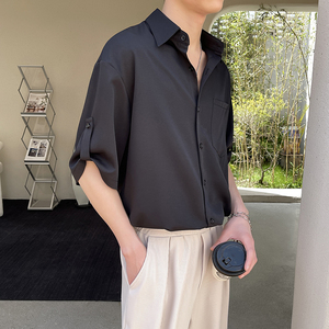 高级坠感英伦雅痞男装夏天七分袖衬衫痞帅薄款轻熟风冰丝短袖衬衣图片