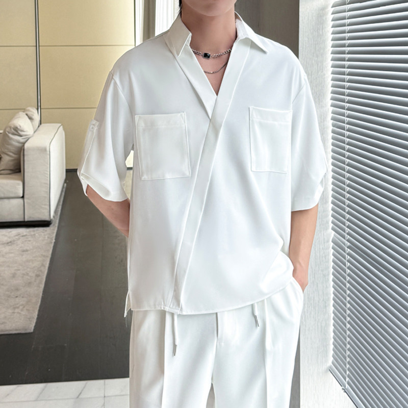 2025夏新中式V领禁欲系冰丝衬衫男痞帅短袖宽松衬衣A202CS128P55,男装衬衫,星座1311（原A202）