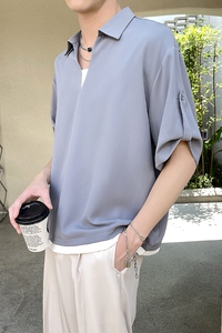 2025冰丝套头假两件落肩宽松男短袖衬衫抖音A202CS013P55控78图片