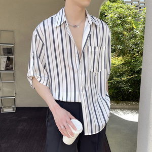 2025夏季男条纹短袖衬衫冰丝垂感轻熟风衬衣抖音A202CS918P55