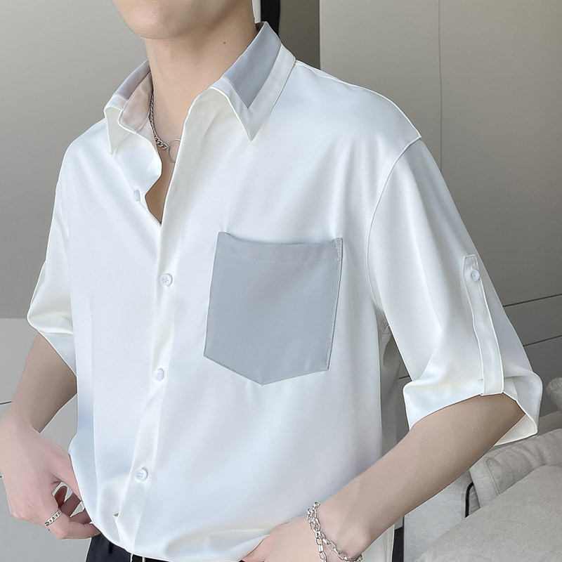 夏季新款拼接撞色男士短袖宽松衬衫垂坠感衬衣A202CS028P55,男装T恤,星座1311（原A202）