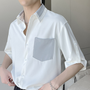夏季新款拼接撞色男士短袖宽松衬衫垂坠感衬衣A202CS028P55图片