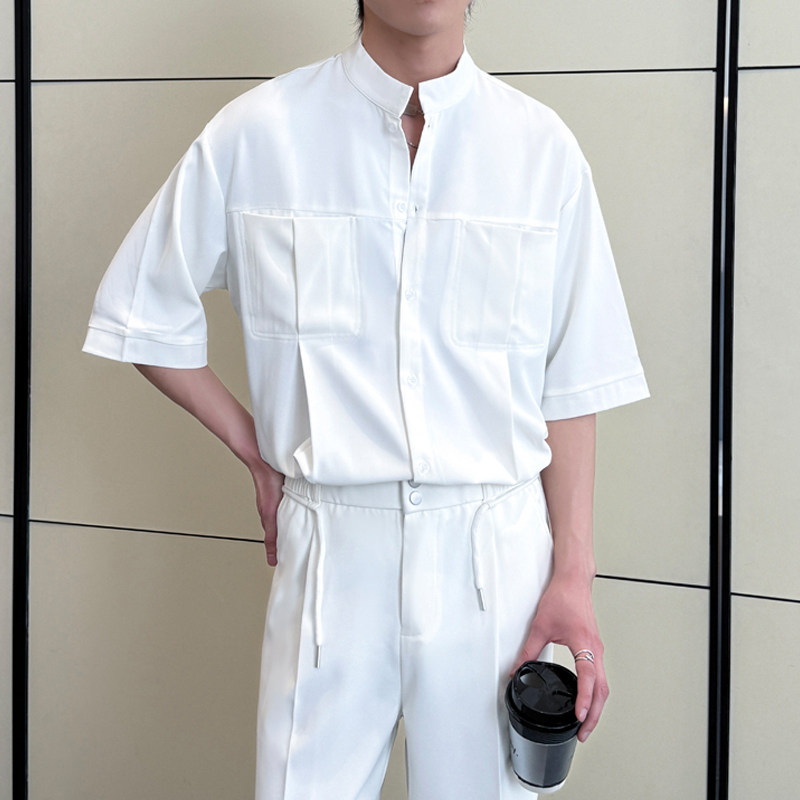 2025夏季男士新款冰丝痞帅立领短袖衬衫宽松休闲上衣A202CS319P55,男装衬衫,星座1311（原A202）