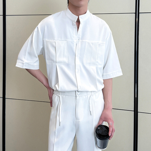 2025夏季男士新款冰丝痞帅立领短袖衬衫宽松休闲上衣A202CS319P55图片