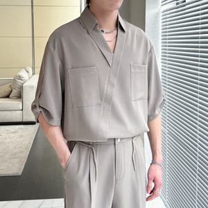 2025夏新中式V领禁欲系冰丝衬衫男痞帅短袖宽松衬衣 A202CS128P55图片