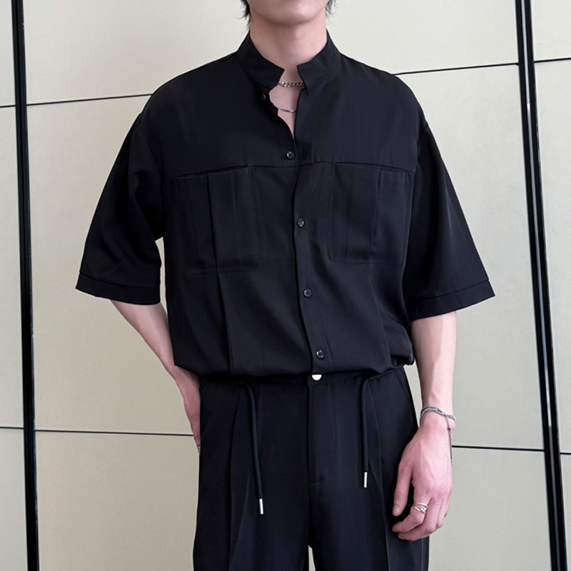 2025夏季男士新款冰丝痞帅立领短袖衬衫宽松休闲上衣A202CS319P55,男装衬衫,星座1311（原A202）