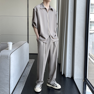 2025夏季新款高级感冰丝轻熟痞帅男士短袖长裤套装A202TZ713P125图片
