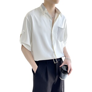 夏季新款拼接撞色男士短袖宽松衬衫垂坠感衬衣A202CS028P55图片