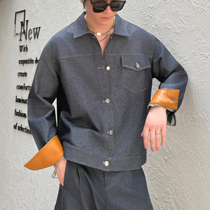 2025秋冬新款美式拼接PU皮撞色牛仔夹克男士宽松外套1311W1909P85,男装工装外套,星座1311（原A202）