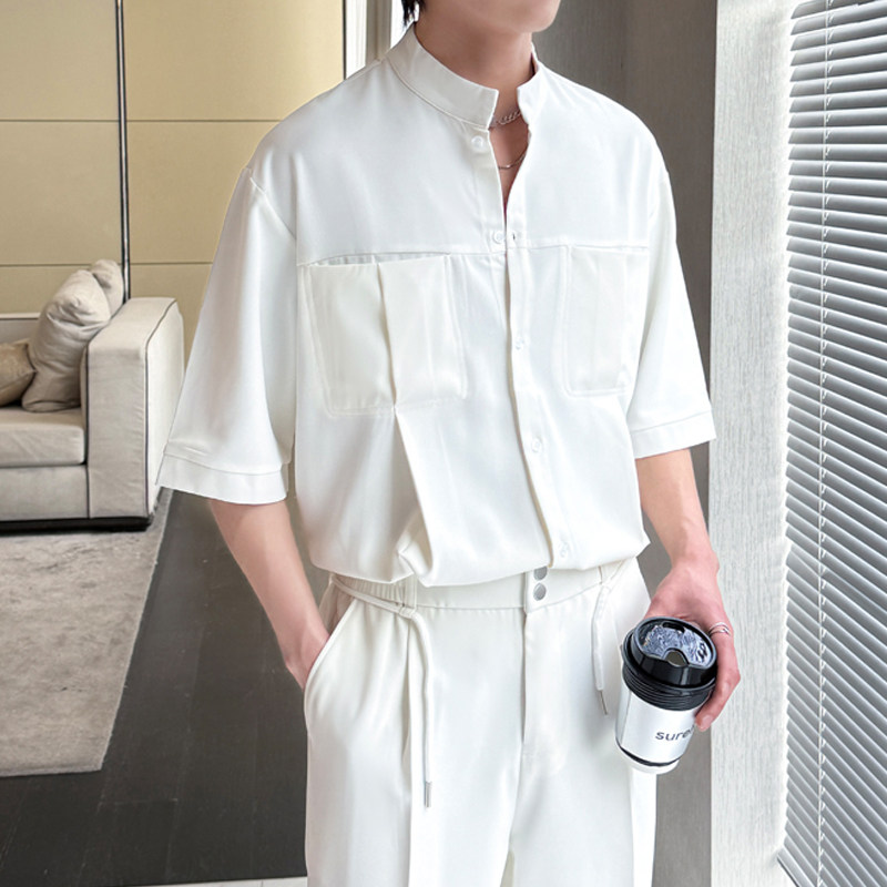2025夏季男士新款冰丝痞帅立领短袖衬衫宽松休闲上衣A202CS319P55,男装衬衫,星座1311（原A202）