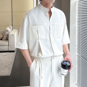 2025夏季男士新款冰丝痞帅立领短袖衬衫宽松休闲上衣A202CS319P55图片