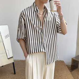 2025夏季男条纹飘带短袖衬衫痞帅落肩轻熟风抖音A202CS309P60图片