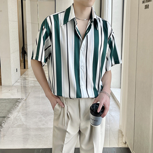 夏季新款条纹宽松短袖衬衫丝滑垂感上衣A202CS132P55，男装T恤，星座1311（原A202）