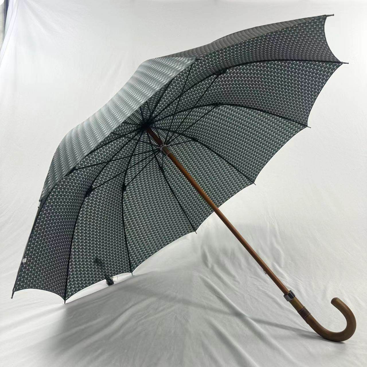木制手柄!复古三角风格手动晴雨商务长柄伞
