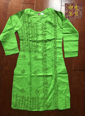 印度巴基斯坦东南亚女士传统长衫kurta侧开叉全棉透气宽松刺绣花