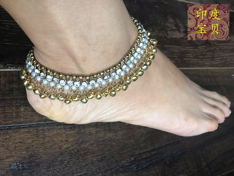 印度进口奢华女士舞蹈表演2只脚链饰品脚环重工水钻金色印巴服饰