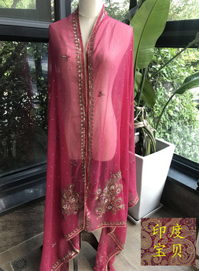 新款印度进口老纱丽手工亮片钉珠刺绣古董披肩头盖百搭saree