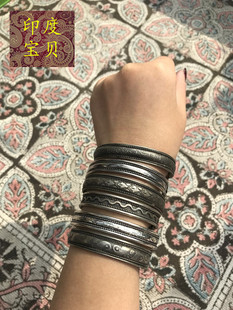 印度进口细手镯子女士刻花性感首饰配饰藏银白铜苗族少数民族开口