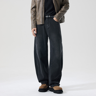 宽松阔腿休闲弯刀裤 男秋季 水洗垂感黑色四季 款 美式 长裤 复古牛仔裤