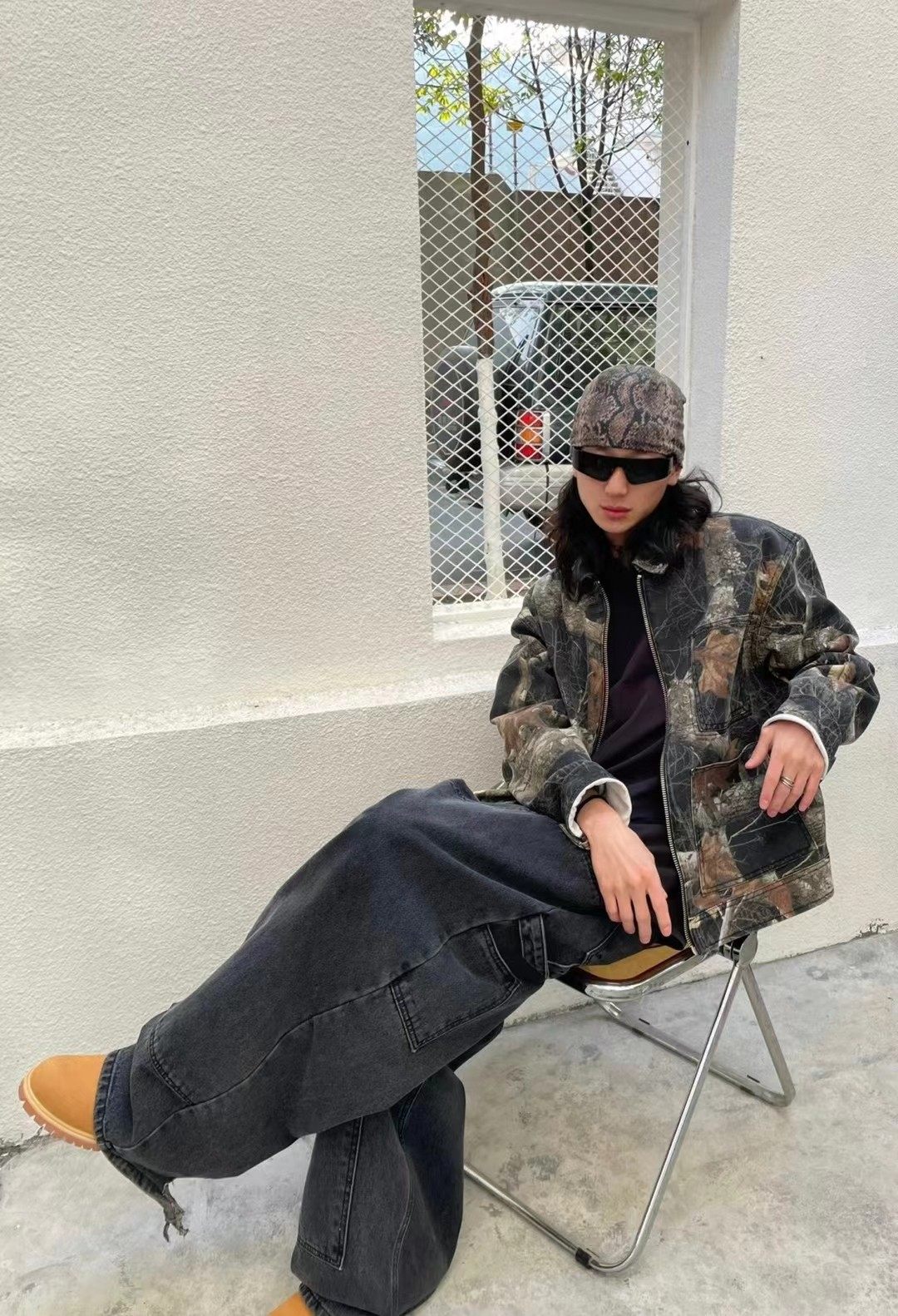 Wang Jiaer's Same Style Pink Washed Denim Printed Fallen Leaf Maple Leaf Print Branch Pink jacket Outwear for Men and Women