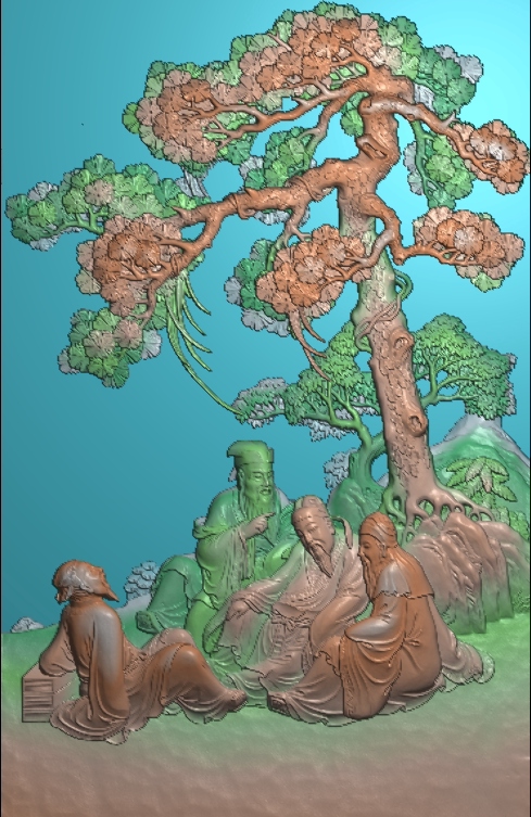 松荫高士图人物扫描精雕图落地屏插屏