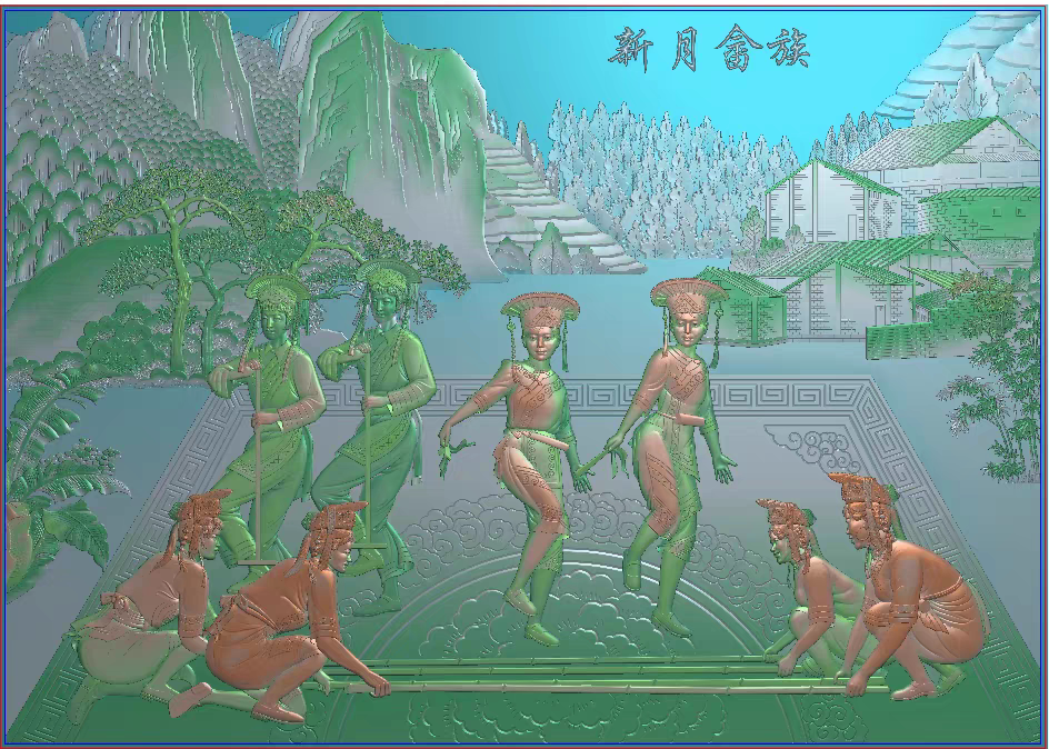 精雕图挂壁大背景人物介绍图 新月畲族 灰度图东阳木雕工艺品挂件
