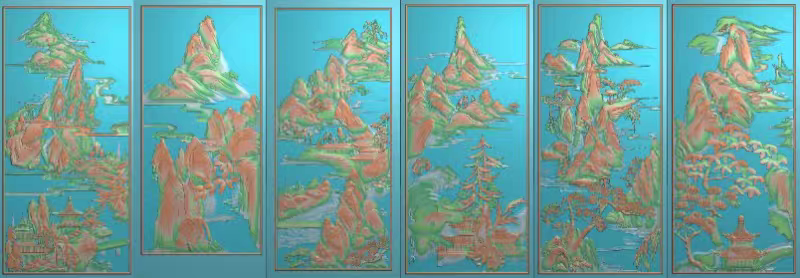 精雕图浮雕精品6块 竖山水房子花板ER 灰度图东阳木雕工艺品手工