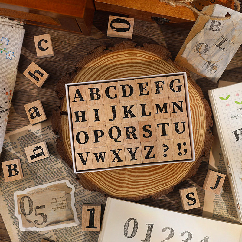 复古DIY数字木质手帐印章字母英文数字儿童小学生木制印章送印泥