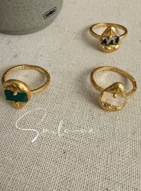 韩国进口S925纯银水滴肌理不规则造型镶嵌石头时尚戒指指环特价