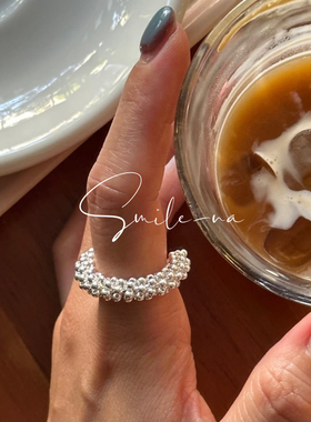 韩国进口S925纯银小众设计感复古绕线串珠戒指开口时尚指环