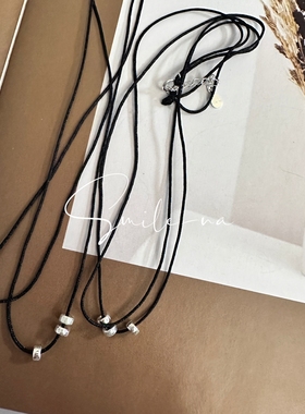 韩国进口S925纯银双层黑绳车轮银珠子吊坠女时尚百搭锁骨链颈链